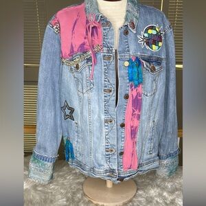 Up cycled Old Navy Denim Jacket Pink Floyd Colorful Lace Accents XXL Hand Done